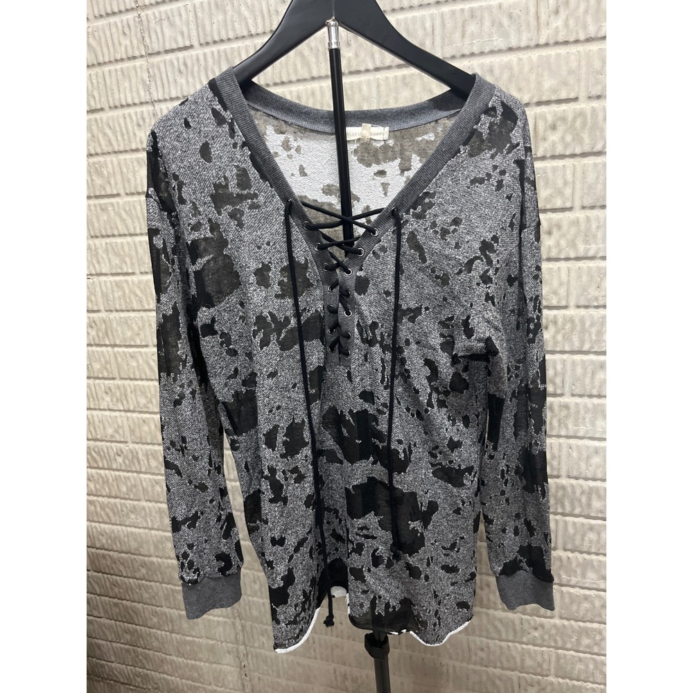 Gilded Intent Womens Large Grey Black Lace Up Burnout Long Sleeve Top Distressed